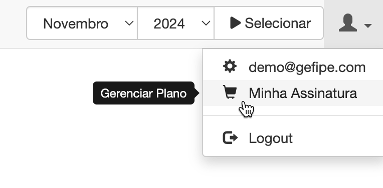 Menu de acesso às assinaturas