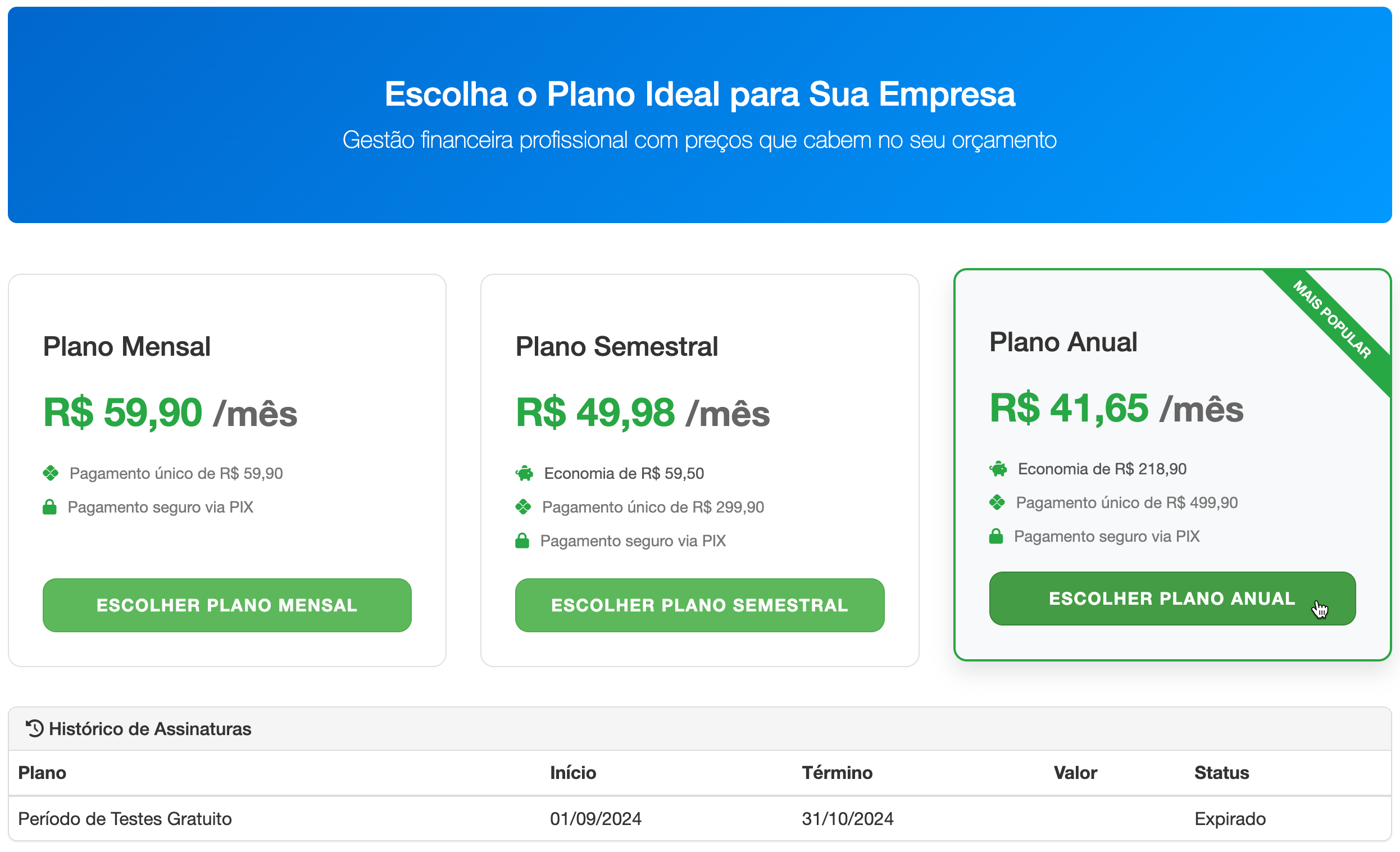 Página de seleção de planos