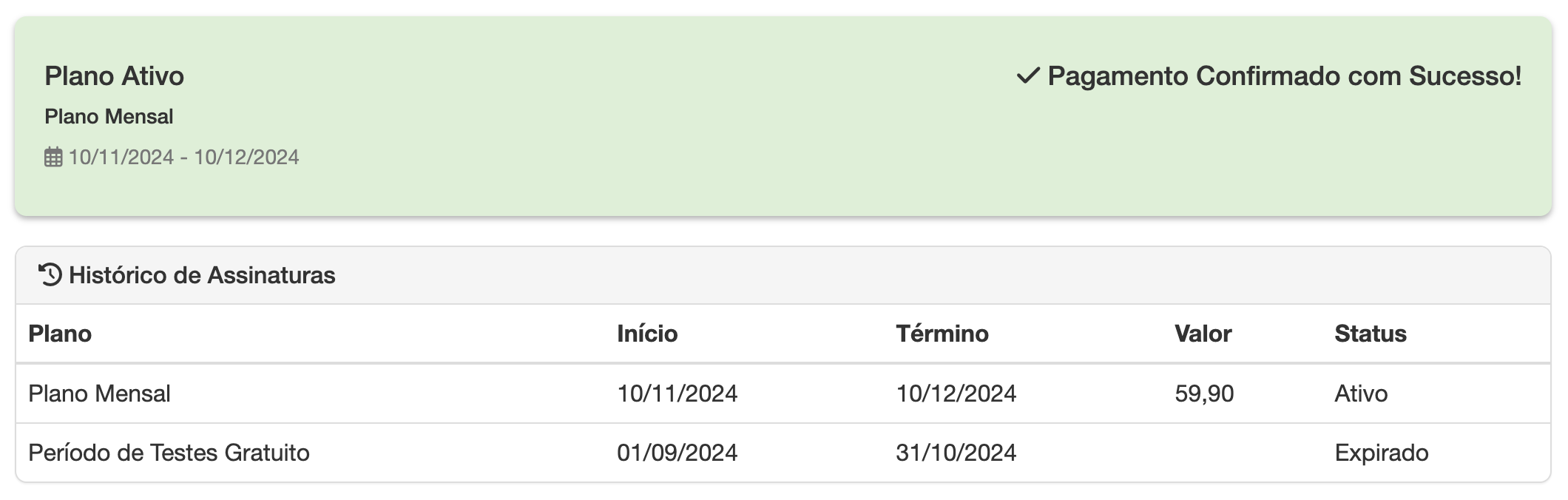 Confirmação do pagamento