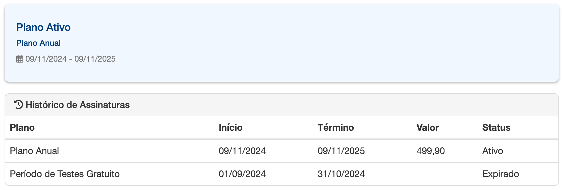 Página de plano e histórico